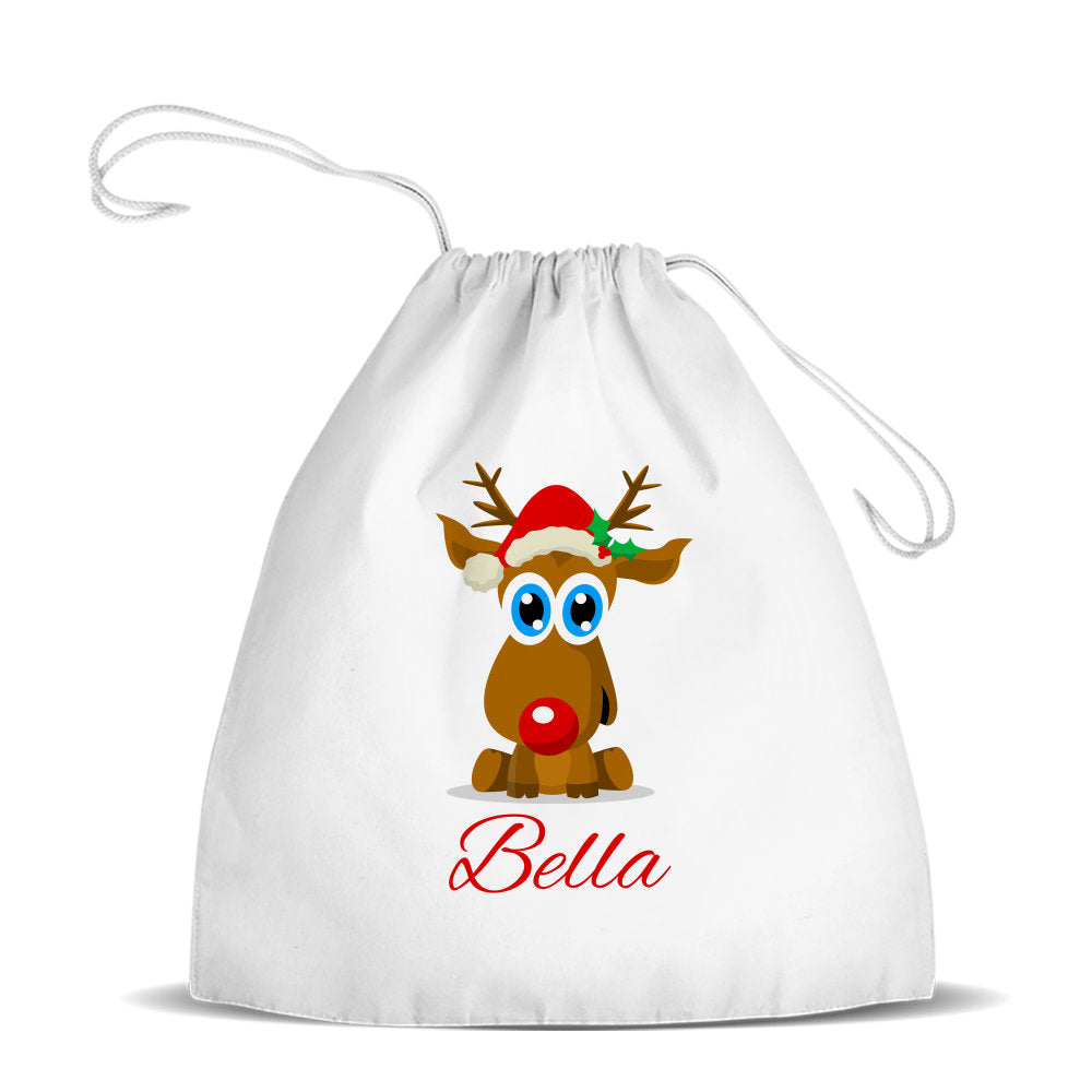 Cute Reindeer White Drawstring Bag