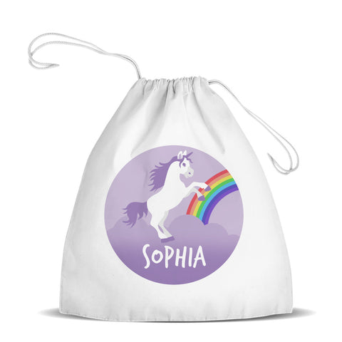 Purple Unicorn White Drawstring Bag