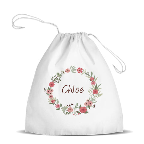 Flower Wreath White Drawstring Bag