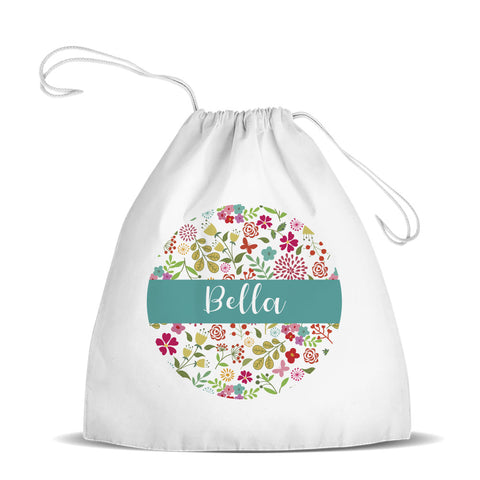 Flowers White Drawstring Bag