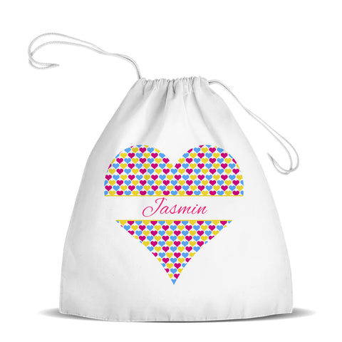 Heart White Drawstring Bag