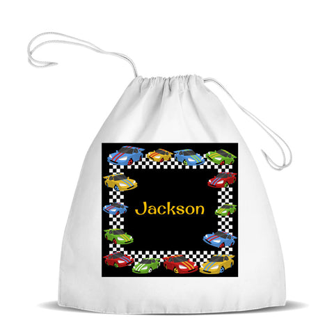 Race Cars White Drawstring Bag