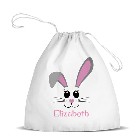 Pink Bunny Face White Drawstring Bag